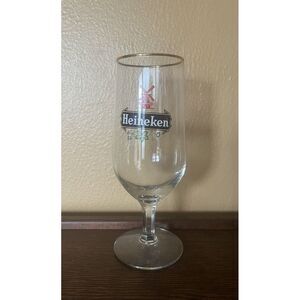 Heineken Stemmed Beer Glass Red Windmill Logo Gold Rim 8 oz‎ Barware Vintage